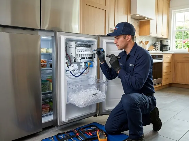 Appliance Repair Hero technician repairing a refrigerator ice maker in Augusta, KS