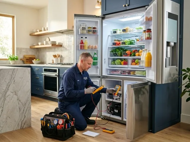 Appliance Repair Hero refrigerator technician testing a fridge on a Augusta, KS service call